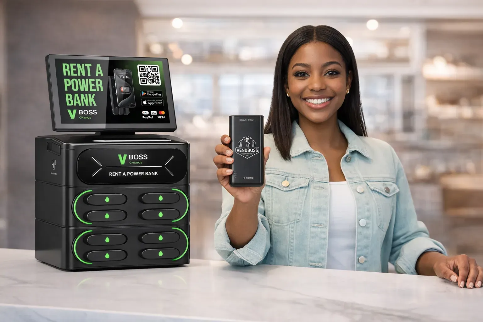 A customer renting a VBoss power bank at a charging station