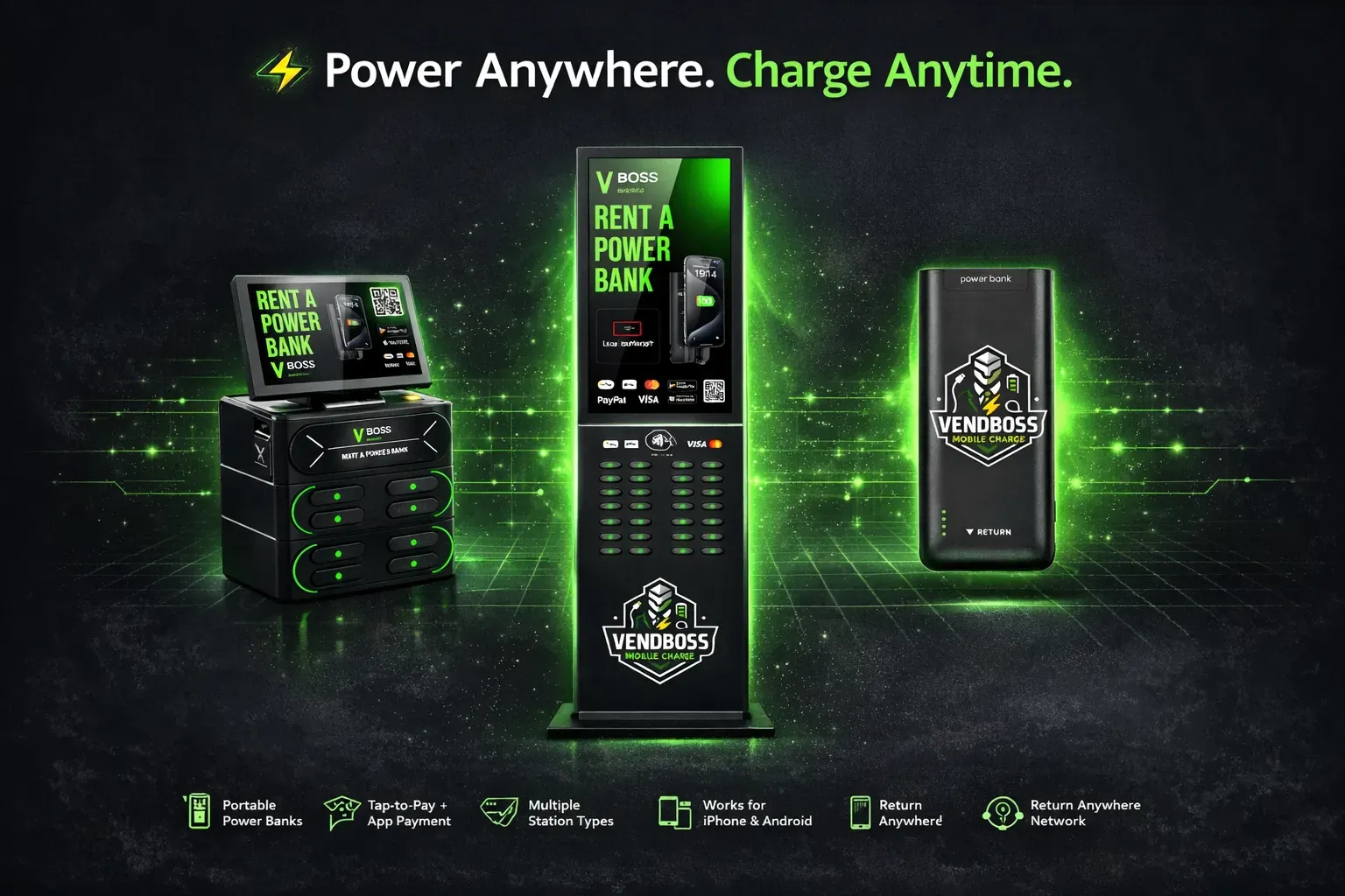 The VBoss charging station lineup, from countertop to floor models