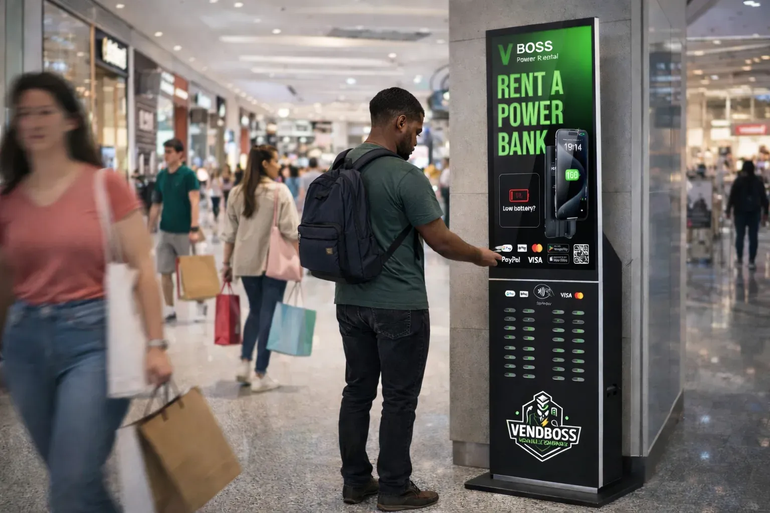 A VBoss Charging station earning in a busy high-traffic venue
